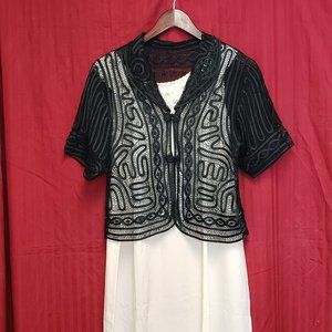 🍁Size S. Elegant Sheer Black Ribbon & Crochet Blouse.  V-Neck. Short Sleeve.